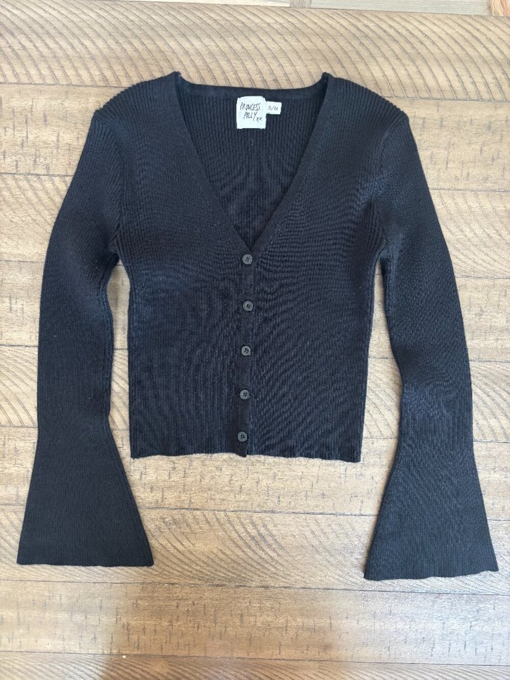 Princess Polly Black Ribbed Cropped Cardigan S/M – Bell Sleeve Button Front
